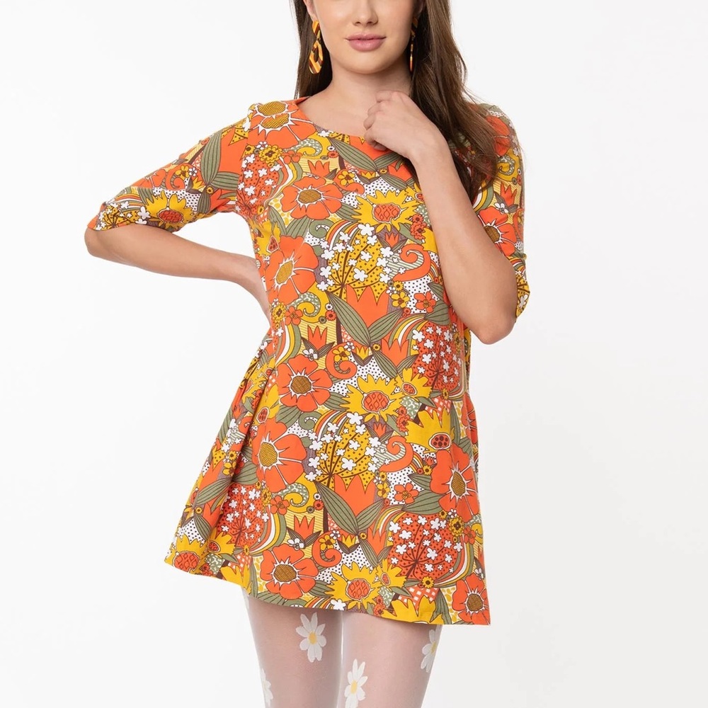 Unique Vintage 1960s Orange & Green Retro Floral Print Tunic Dress
